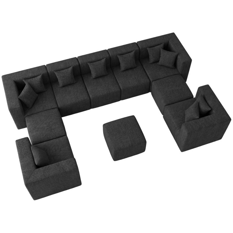 Canapé modulaire noir en forme de U avec repose-pieds, repose-pieds surdimensionné en chenille profonde, grand canapé modulaire de 10 places pour le salon, canapé sans cadre