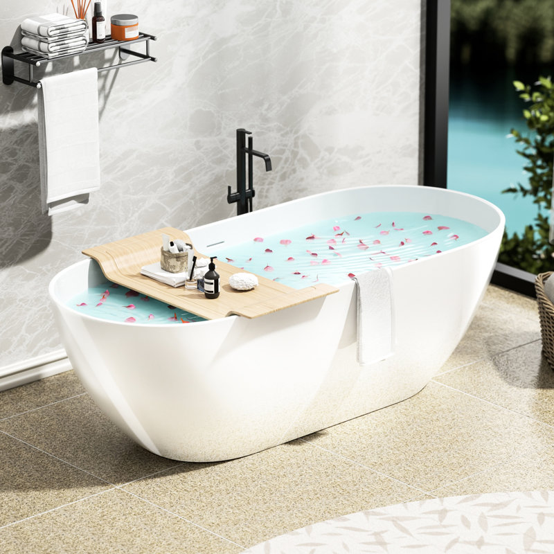 63" Freestanding Soaking Bathtub, Glossy White, Solid Surface, Contemporary Bathroom Use, Overflow And Pop - Up Drain, Ergonomic Design For Back, Thermal Conductivity Tub, Engineered Stone, Decor,