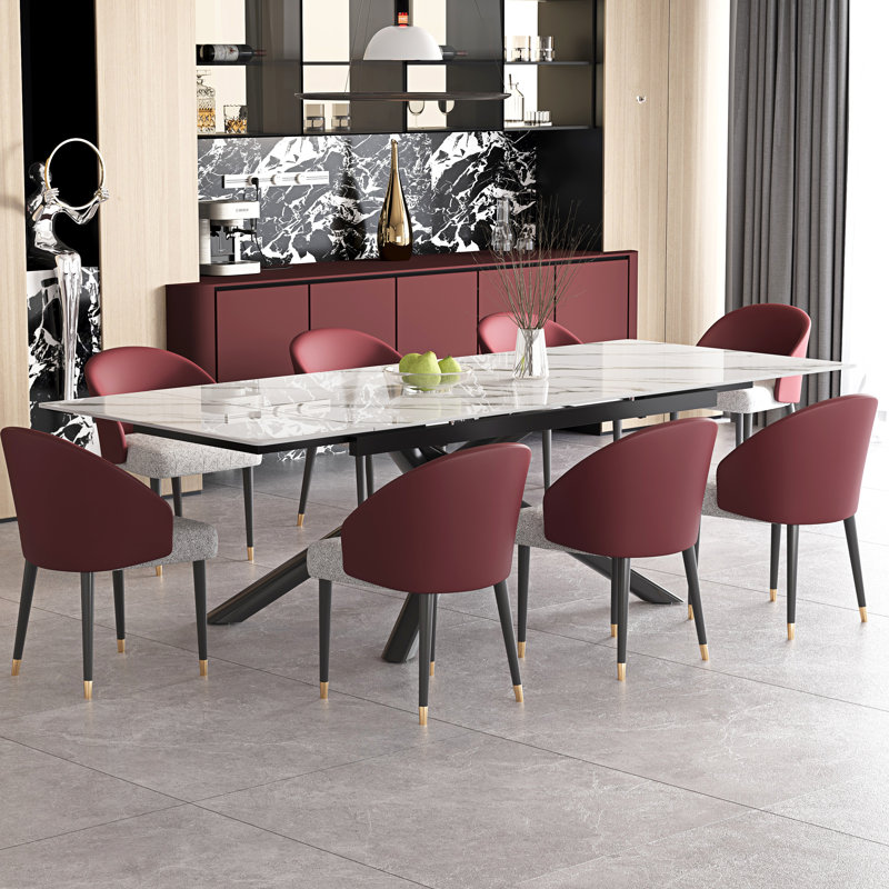 102'' Extendable Dining Table Set With Sintered Stone Dining Table And 8 Faux Leather Dining Chairs, Red/Gray