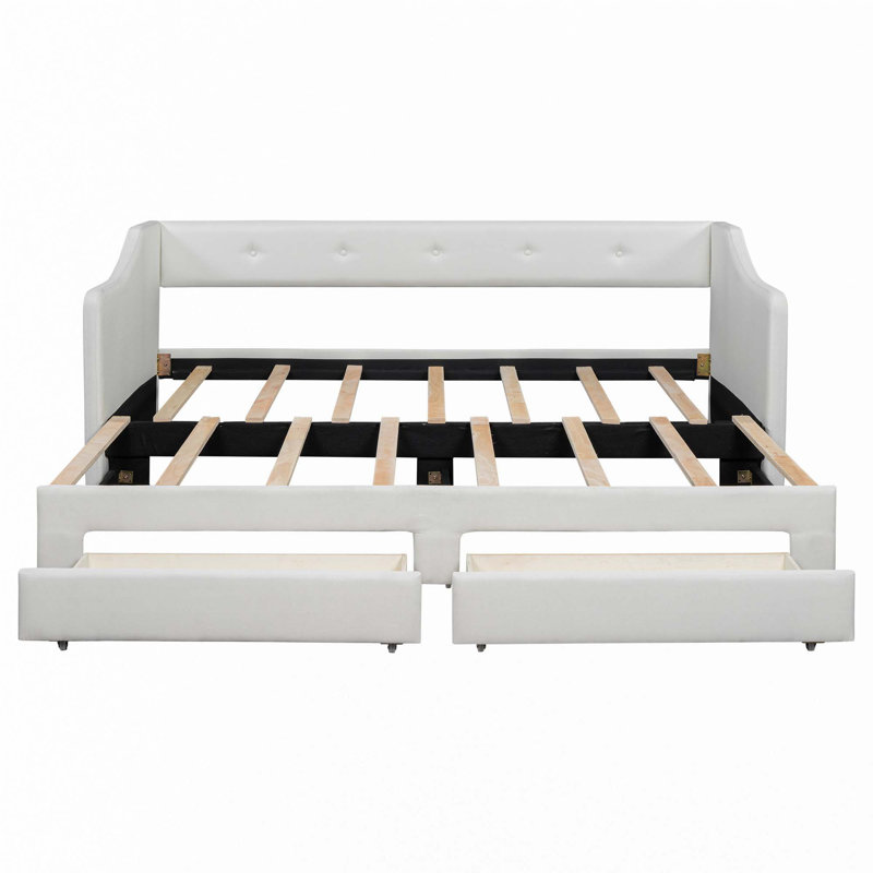 Twin XL to King Size Upholstered Daybed with Two Drawers, Beige