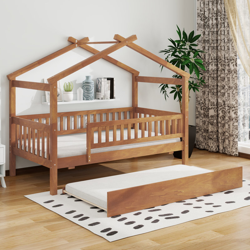 Twin wooden house bed with trundle, Noyer