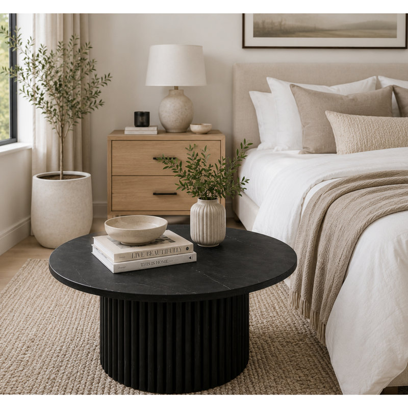 Table basse ronde en marbre Brassex Marlow avec base en bois de manguier massif cannelé, noir