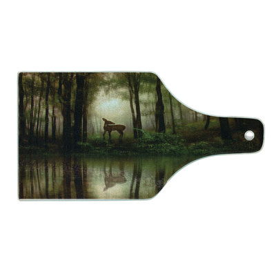 Ambesonne Forest Tempered Glass Cutting Board Deer Foggy Lake Fern Green Brown Cocoa