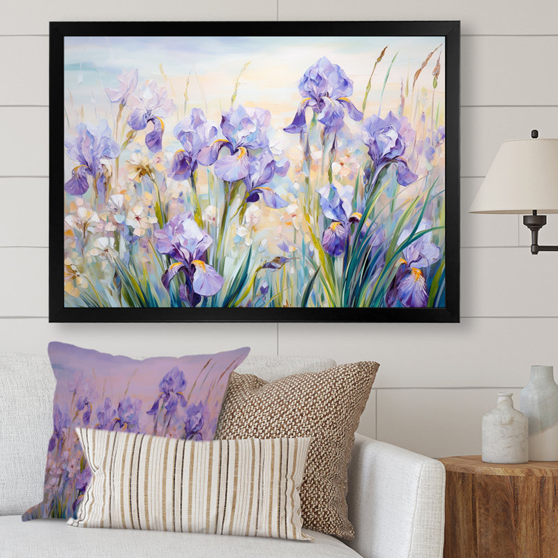 Mauve iris, charme champêtre - fleurs, art mural, H 24 po x l 32 po x P 1 po, Cadre simple noir