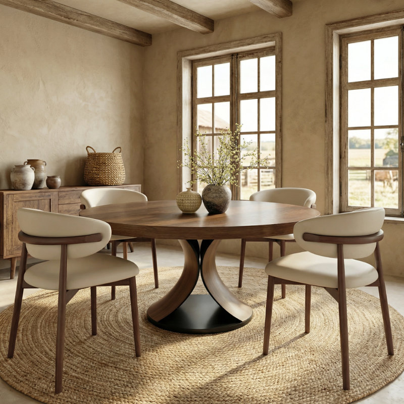 5/7/9 Pieces Solid Wood Round Dining Table Walnut Kitchen Room Set, 7 Pieces: Table, 6 Chairs, 29.52" H x 53.15" W x 53.15" D