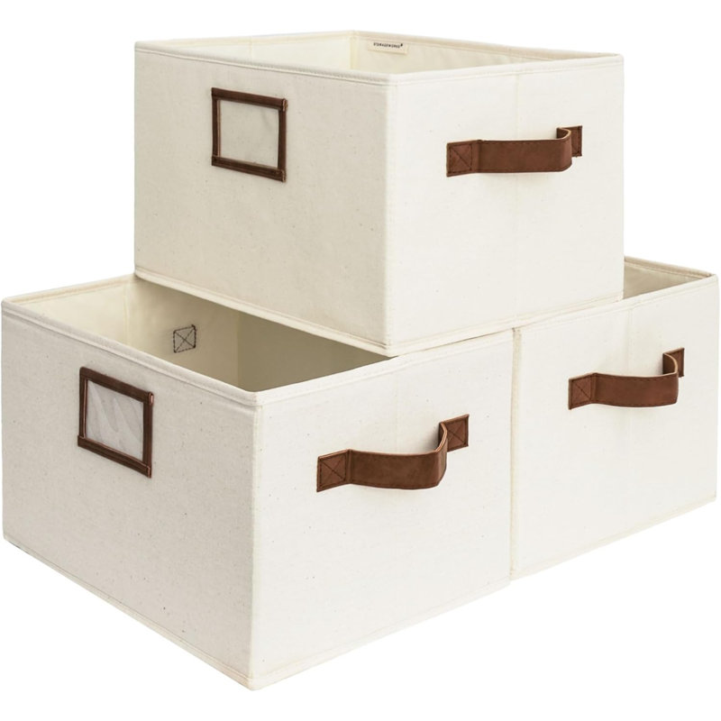 Decorative Storage Bins For Shelves, Storage Baskets With PU Handles, Hand Wash, Canvas, Ivory White, 3-Pack