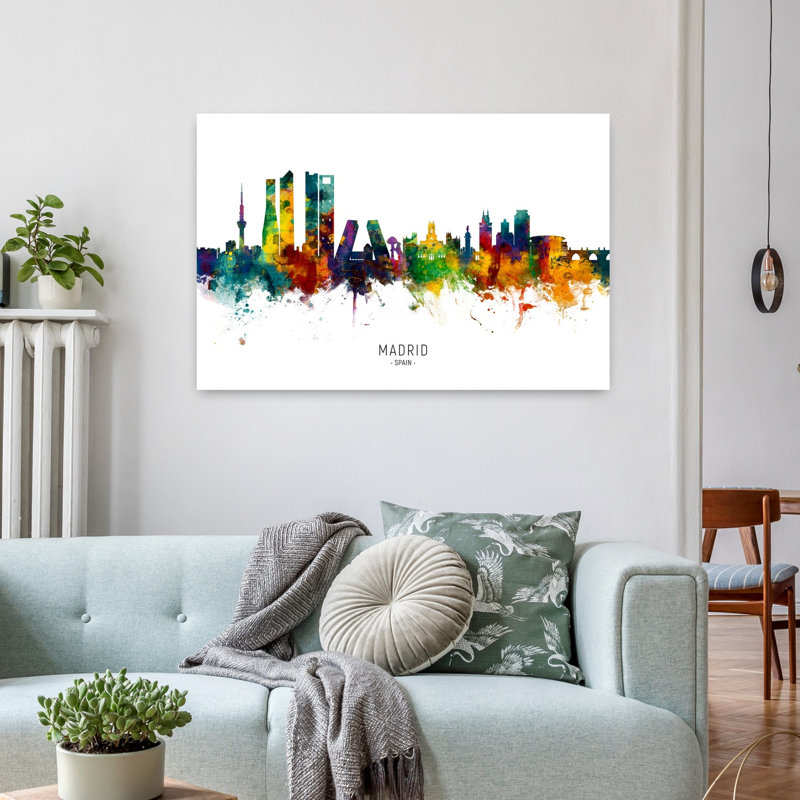 «Vibrant Madrid Skyline», art contemporain urbain, H 24 po x l 36 po