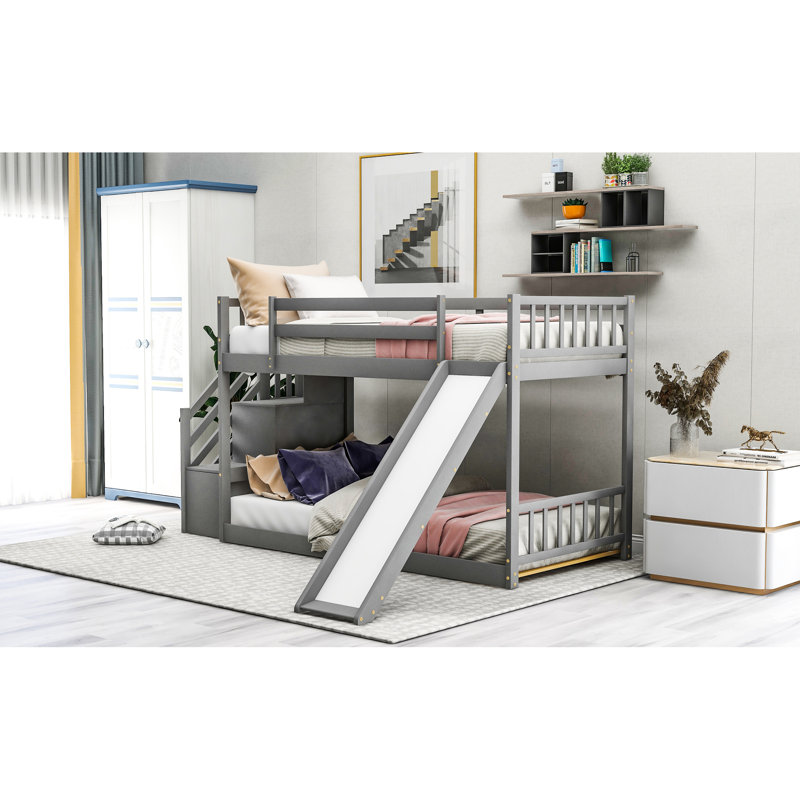 Lit simple au-dessus d'un lit superposé avec glissade en gris - pin et structure durables, espace pour l'option d'escalier de la chambre à coucher permettant d'économiser de l'espace