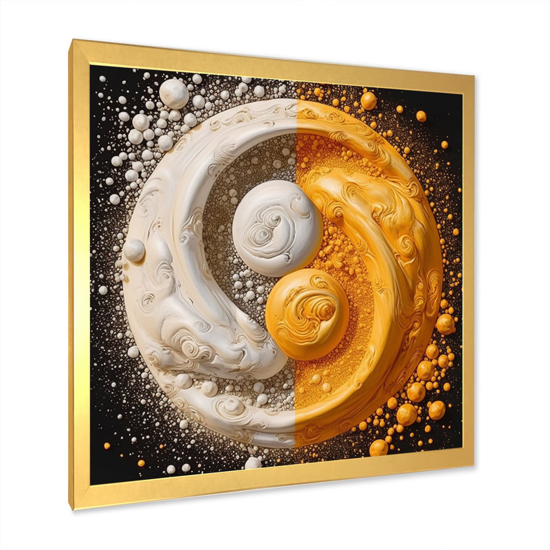" White Yellow Yin And Yang ", 16" H x 16" W x 1" D, Gold Picture Framed