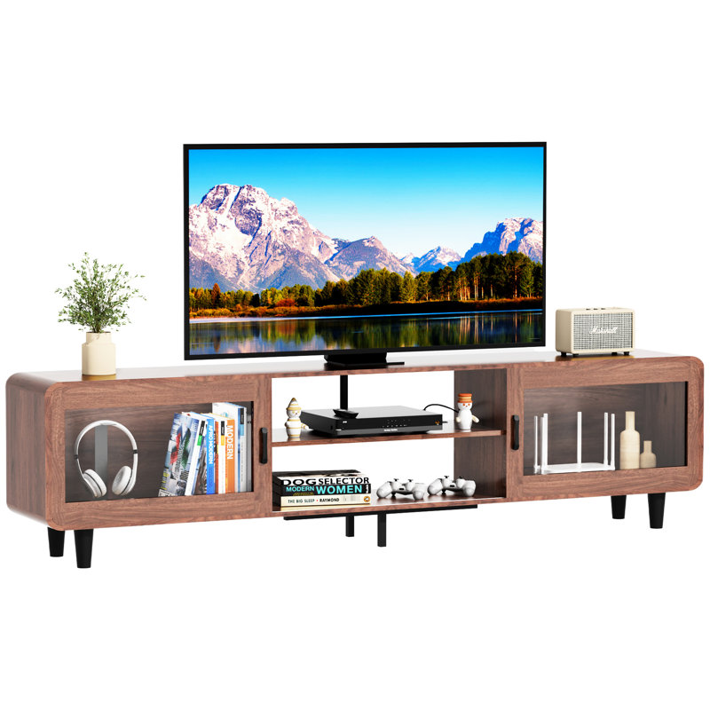 Meuble audio-vidéo en noyer de 60 à 69 pouces avec portes coulissantes et support de rangement en bois peu commun, tablettes ouvertes