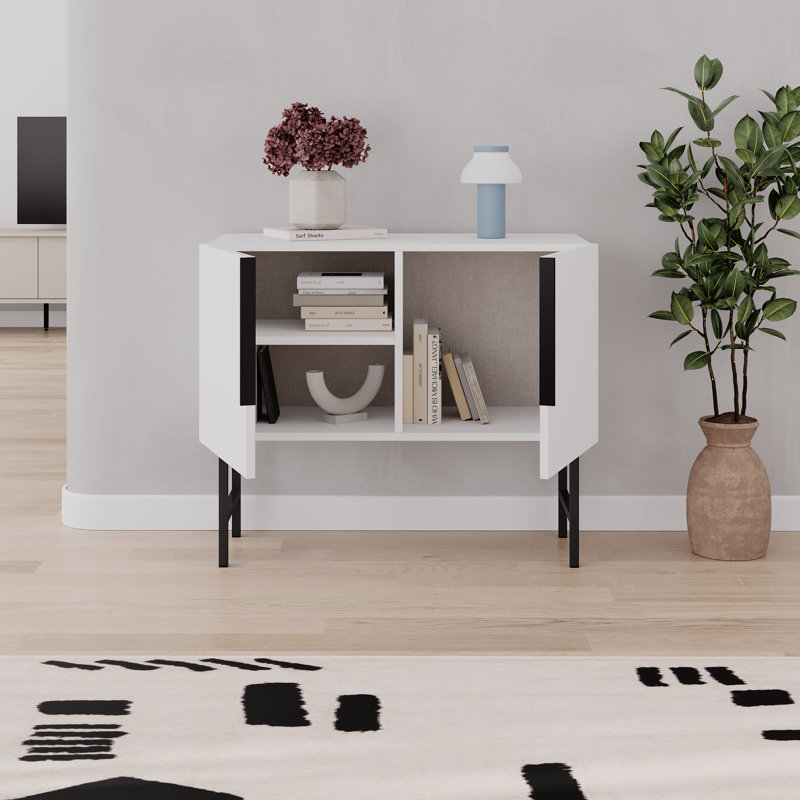  Modern Console Cabinet With Black Metal Legs, Living Room, White