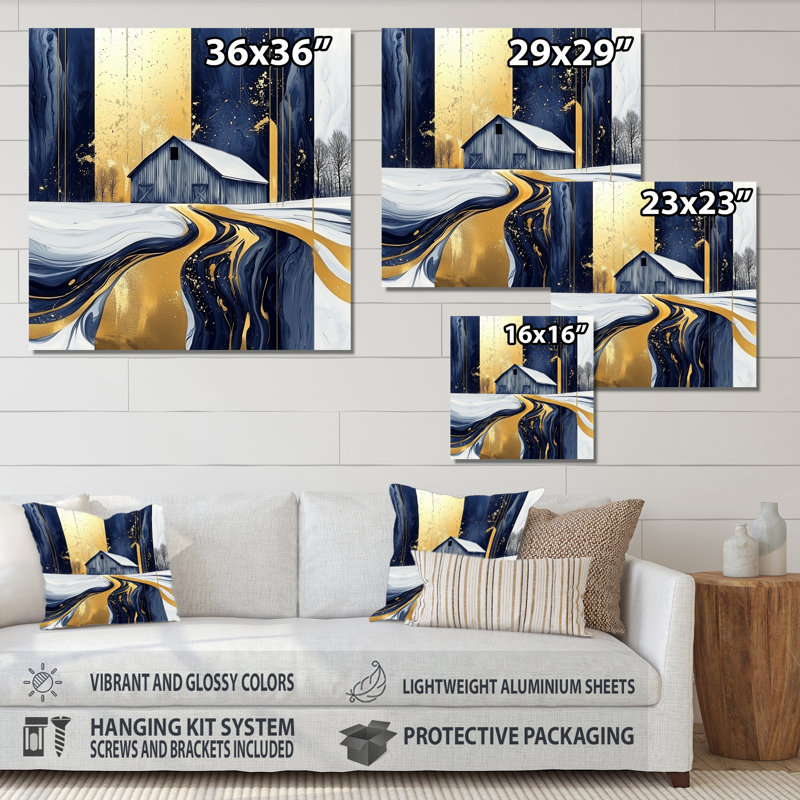 Abstrait bleu et or grange II - ferme, décoration murale en métal, impression grange, H 29 po x l 29 po x P 0,84 po