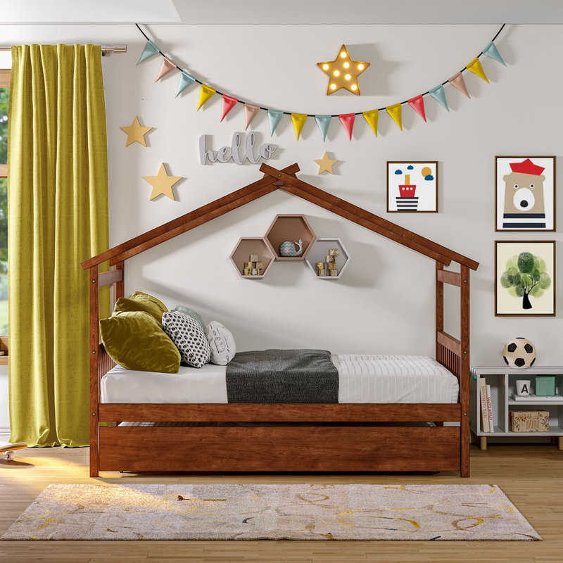 Saunderton Wooden House Bed with Trundle, Walnut, Full