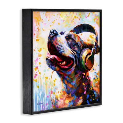 Stupell Industries Happy Dog & Headphones Giclee Art By Leon Devenice In Midnight Black Framed Giclee