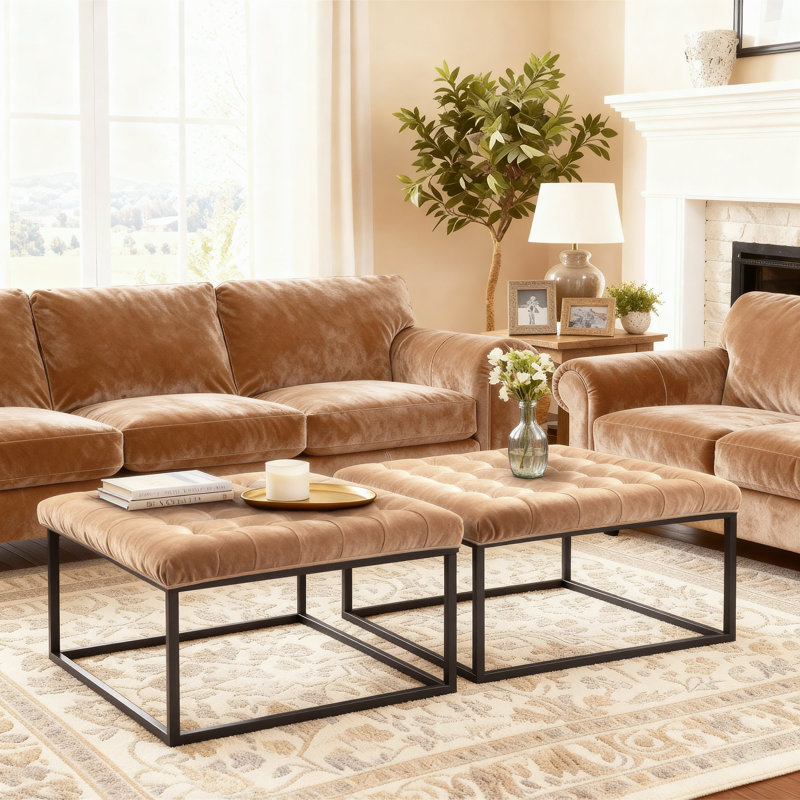 28" Square Button Tufted Metal Ottoman With Multiple Fabric Options, Brown Velvet