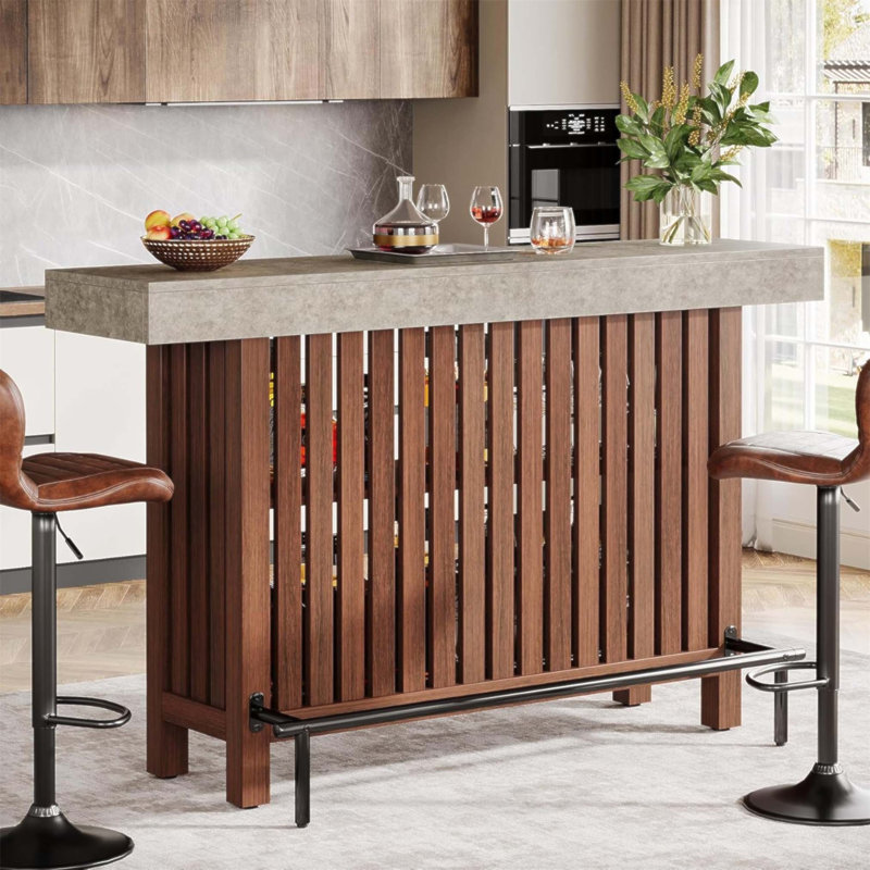 62.99 Inch Red & Cement Large Home Bar Unit with 2-Tier Storage, Modern Mini Bar Height Pub Table for Entertaining(Table Only)