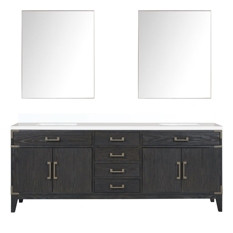 Meuble-lavabo double avec miroirs à dessus en quartz blanc poli et scellé pour salle de bain avec tiroirs à fermeture en douceur