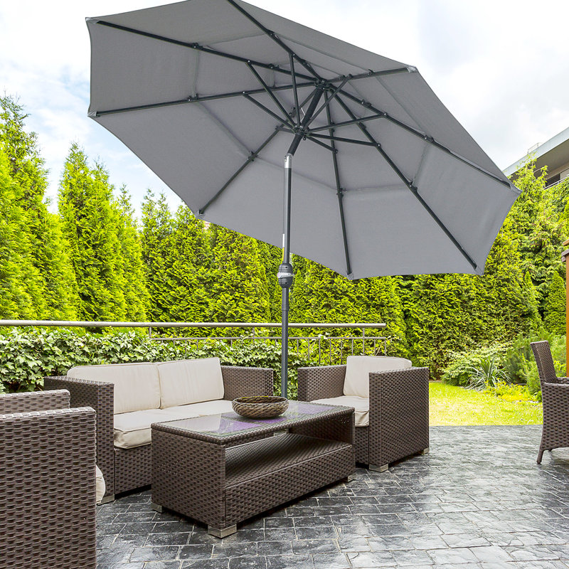 Parasol de patio gris foncé de 9 pi 3 po avec inclinaison à manivelle et bouton poussoir
