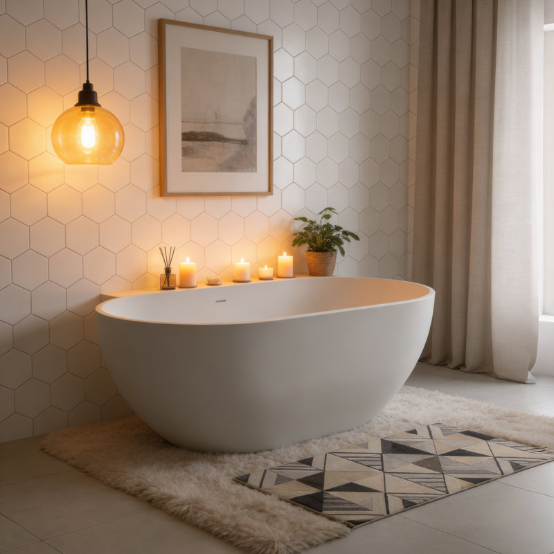 59 Inch Solid Surface Soaking Bathtub - Deep Soak Freestanding Tub