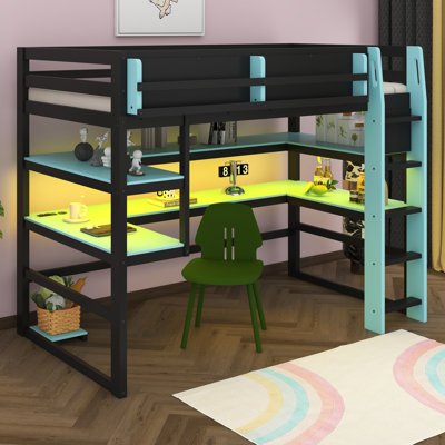 Wood Loft Bed With Desk,Side Storage Rack,Multi-Storage Shelves And RGB Light