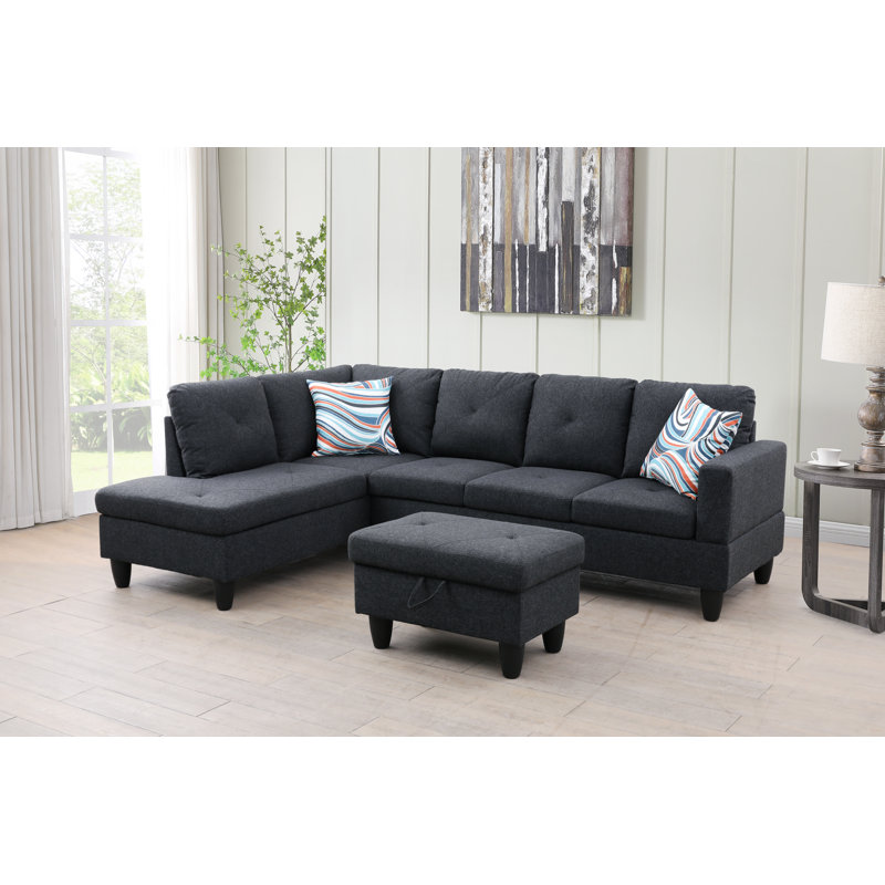 Black Grey Sackcloth Fabric L style Left Hand Facing Living Room Sofa Set, with ottoman, Left Hand Facing