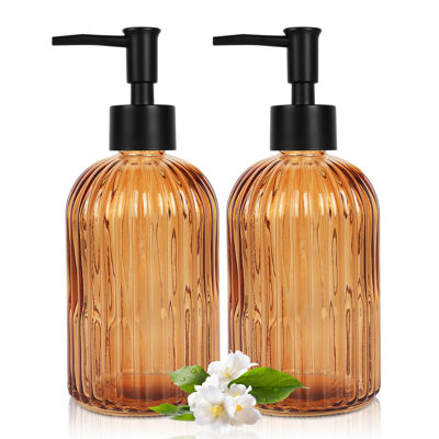 Paquet de 2 distributeur de savon en verre avec pompe en plastique noir, distributeur de savon à main liquide 400 ml, pompe antirouille pour la cuisine et la salle de bain, idéal pour les lotions, huile essentielle, savons liquides - ambre