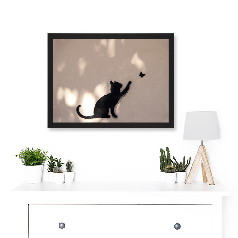 Cat Butterfly Silhouette Graffiti Art Picture - Single Picture Frame Art Prints