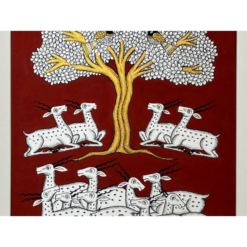 Arbre de vie entouré d'antilopes | Phad, peinture de Kalyan Joshi