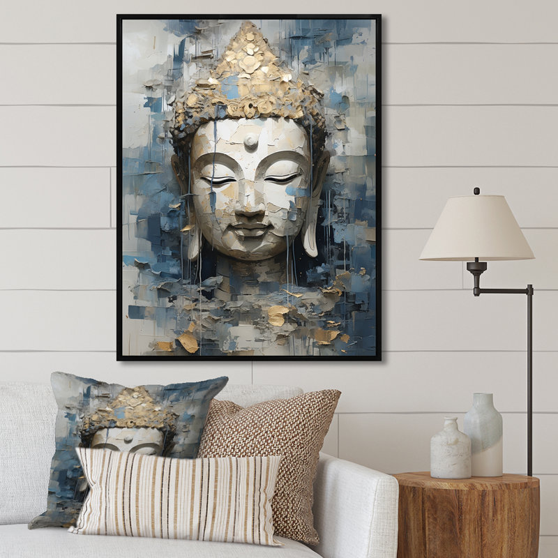 Statue religieuse du bouddhisme royal sur toile, Cadre flottant noir, H 44 po x l 34 po