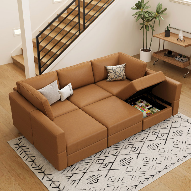 Colusa Faux Leather Sofa 6-Seats Bed Sleeper With Adjustable Backrest Convertible Modular Sofa Memory Foam Sectional Sofa Storage Couch For Apartment Livingroom Bedroom