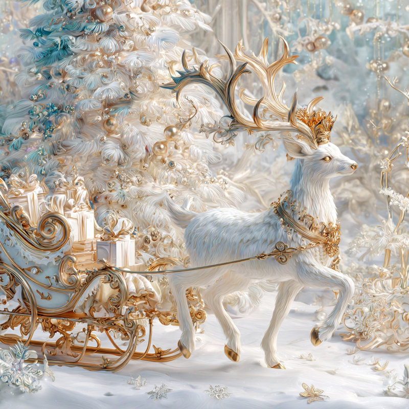 Art mural sur toile Golden Deer with Sleigh III, H 30 po x l 30 po