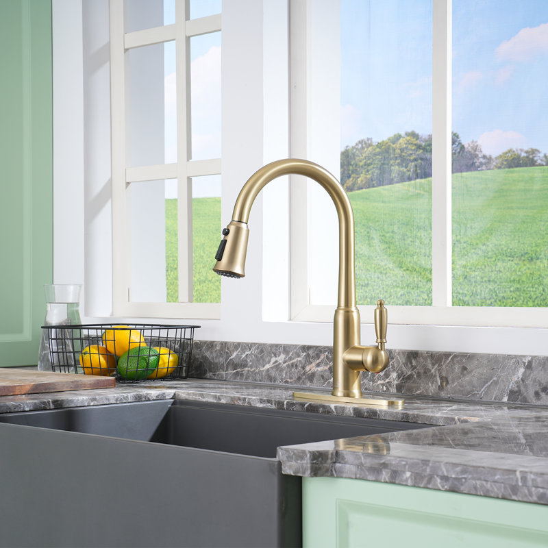 CASAINC Single-Handle Pull-Down Kitchen Faucet Single Hole Faucet, Brushed Gold