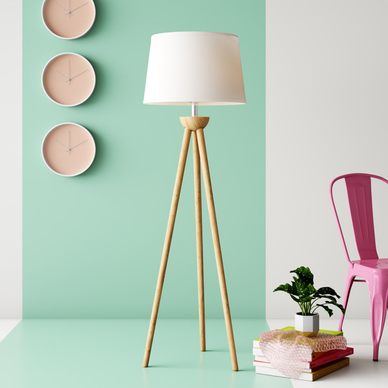 Wade Logan 58" Tripod Floor Lamp – Mid-Century Modern Standing Lamp Décor Light with LED Bulb and Natural Oak Wood Base – Bedroom, Living Room, or Office Lighting