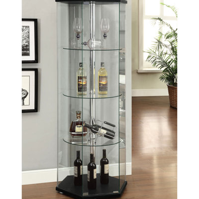 Black And Glass 4-Shelf Cabinet With Hexagonal Design For Storing Books In Main Living Spaces Curio Four Shelves Structure Display Zones