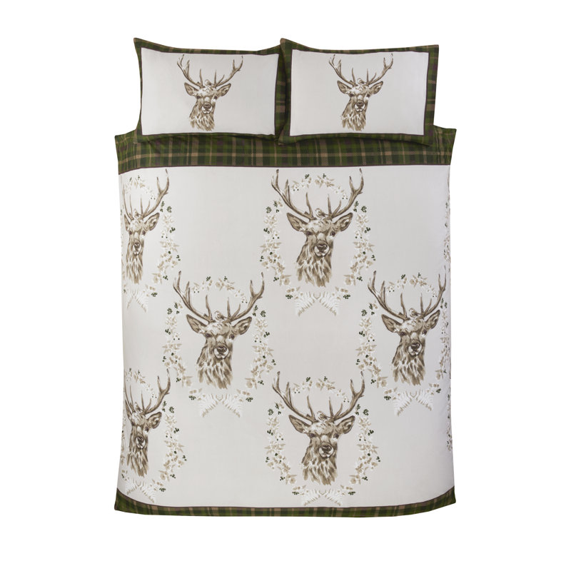Stag & Wreath Winter Brushed Cotton Duvet Cover Set, Double Duvet Cover + 2 Standard Pillowcases, Green