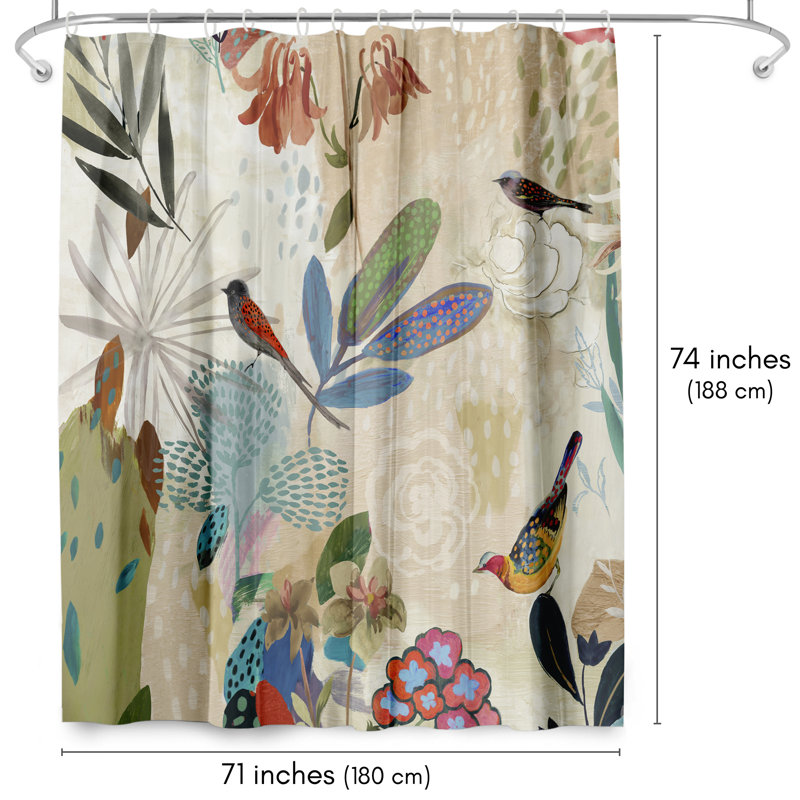Sepia Orange Floral Polyester Shower Curtain with Birds