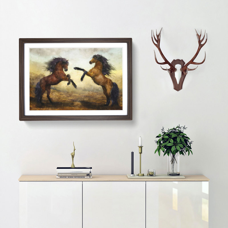 Two Wild Stallion Horses - Picture Frame Painting Print, 24cm H x 33cm W x 2cm D, Walnut Framed