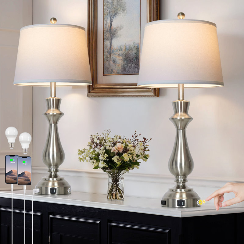 30” Tall Table Lamps with USB & Type-C Ports, Touch Control, LED Bulbs Included, Sliver