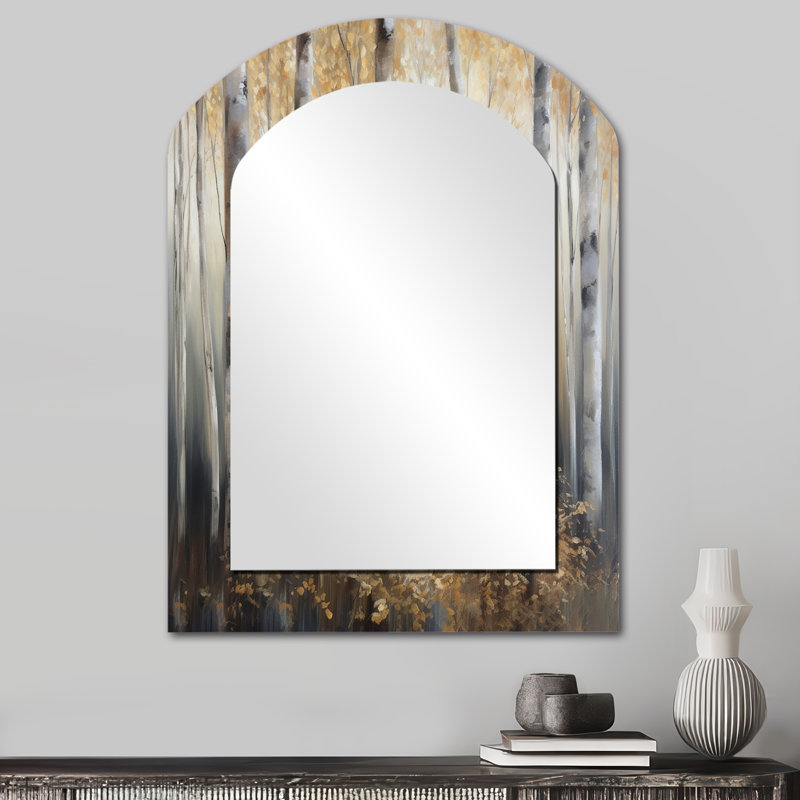 Birch Tree Forest Wonderland III - miroir mural asymétrique unique, miroir arqué moderne, 34 po x 25 po