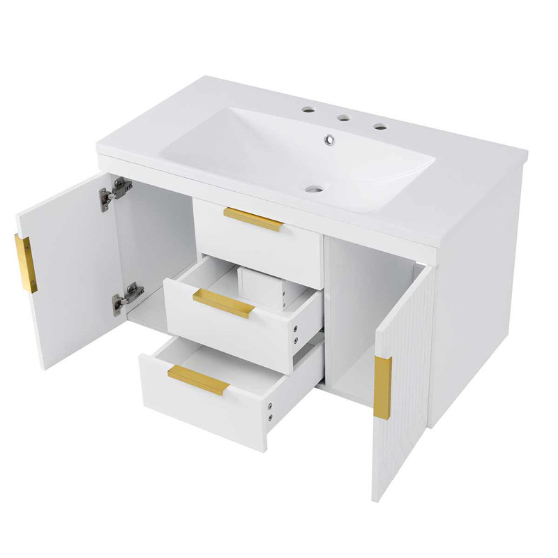 Meuble-lavabo mural 36 po avec lavabo en résine, armoire de rangement avec 2 tiroirs, Blanc