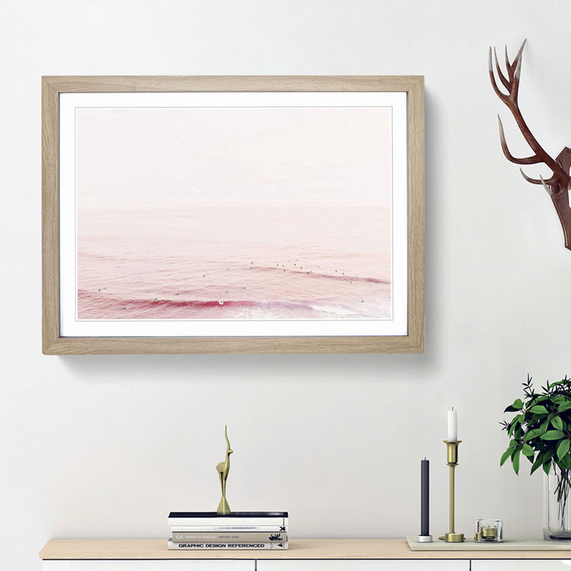 Surfers in the Ocean - Picture Frame Photograph Print, 48cm H x 65cm W x 2cm D, Oak Framed
