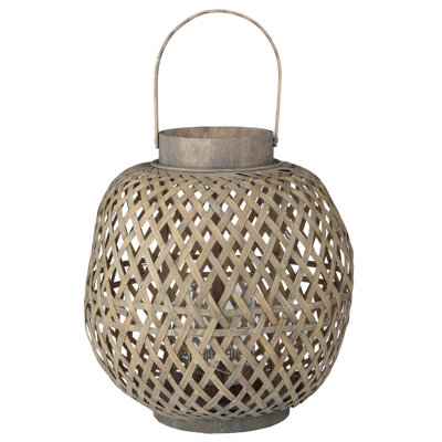 Candle Lanterns Home Decoration Porch Lanterns, 13.8"H Coconio Woven Wood Lattice Indoor Outdoor Lantern with Metal Handle, Oval Brown Fir Basket Design, Glass Insert, 13" Round Boho Decor