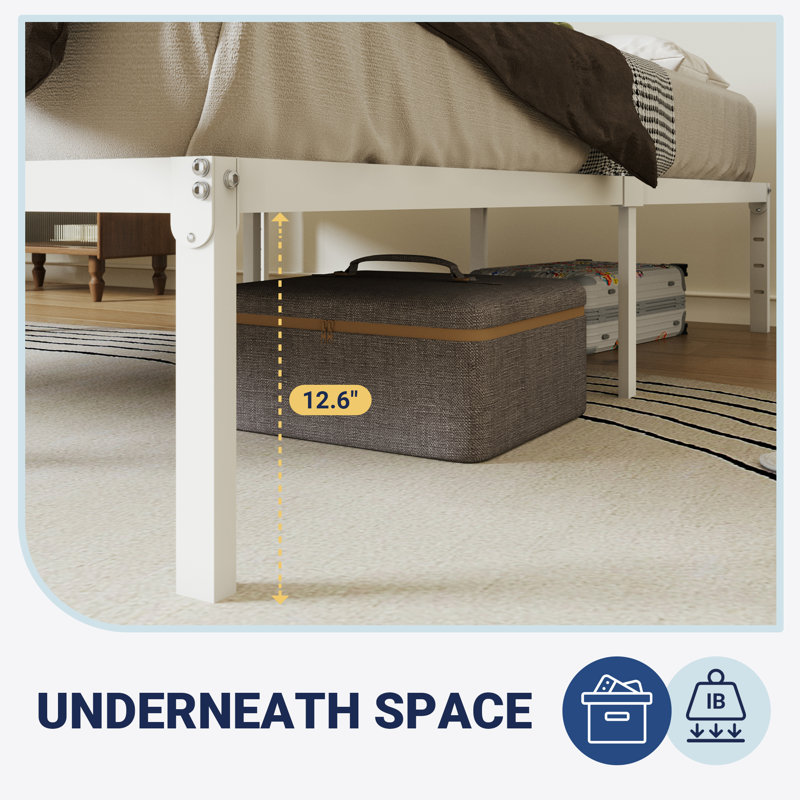 Base de lit plateforme en métal 14 po avec espace de rangement, Lit simple, Blanc, 14"