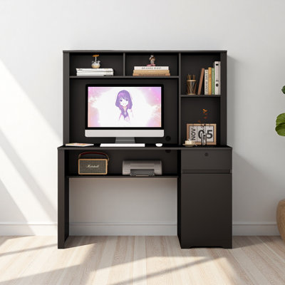 Bureau d'ordinateur avec huche et bibliothèque, bureau de direction en bois pour adolescents, bureau d'écriture pour ordinateur portable, 3 prises CA et 2 ports de charge USB, table d'ordinateur portable