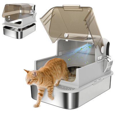 XXL Stainless Steel Litter Tray Enclosed Cat Litter Box with Cover