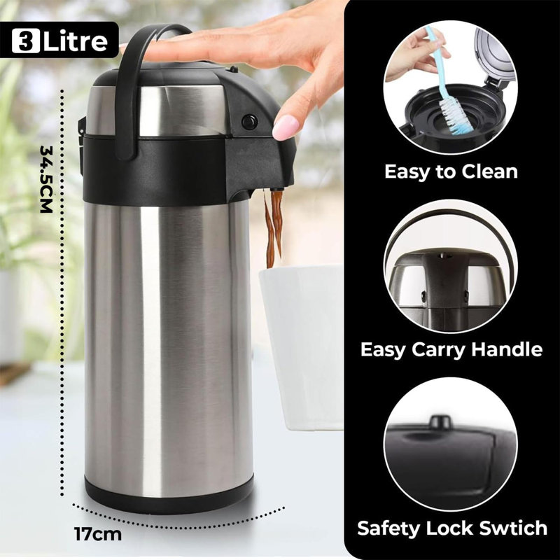 3L Vacuum Airpot Insulated Flask Stainless Steel Hot Tea Coffee Drink Thermos Jug With Pump Action Silver, Silver