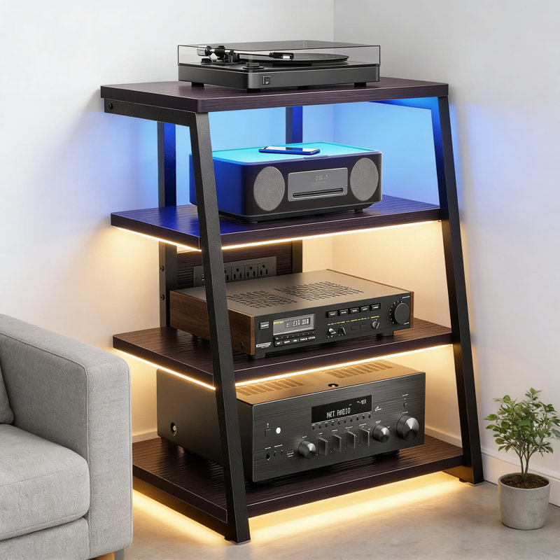 Media Console With Built-In Power Strip & LED Lights, Adjustable Audio Tower Cabinet With Sturdy Storage Shelves For Stereo Equipment And Turntables