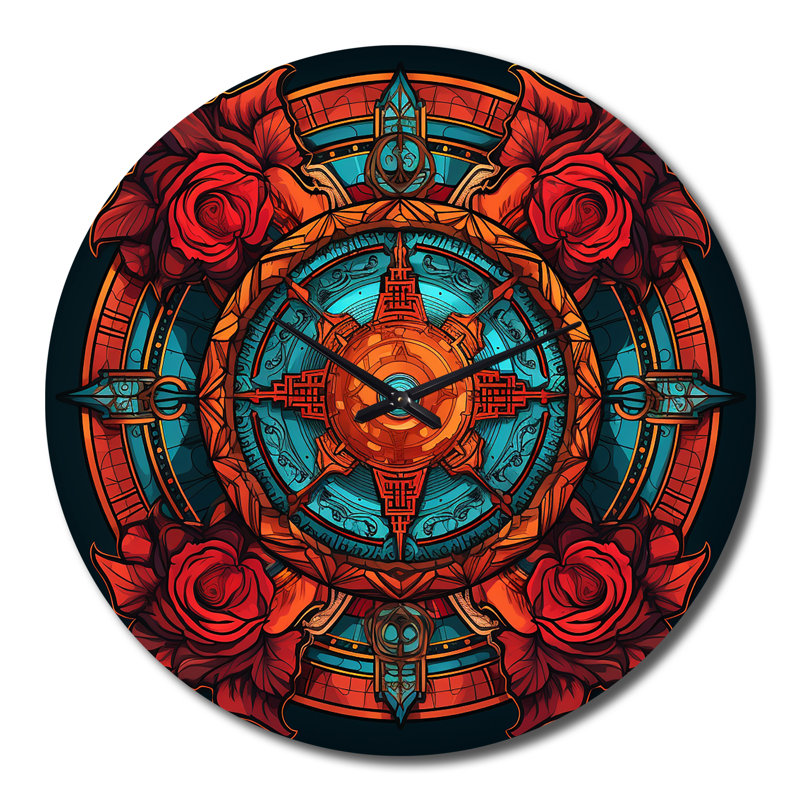 Horloge murale rétro en métal mandala floral rouge et turquoise, Très grand