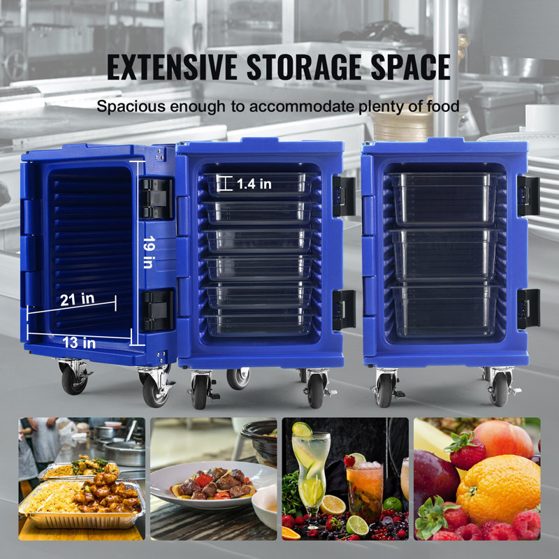 Porte-aliments isotherme, boîte chaude de 82 pte pour la restauration, porte-aliments LLDPE avec boucle une pièce, chauffe-aliments à chargement frontal avec poignées, chargeur d'extrémité avec roues pour restaurant, cantine, etc. Bleu