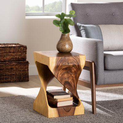 Bali & Pari Rapha Hand-Carved Suar Wood Side Table With Shelf – Sculptural Accent Table With Twist Design Modern Boho Style For Living Room Or Bedroom